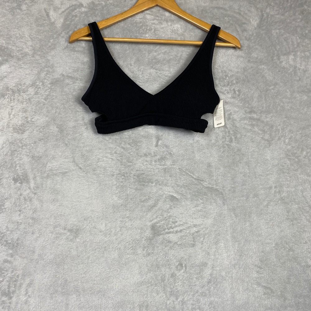 NWT Aerie Black Textured Crinkle Scoop Bikini Top Side Cut Out Crossover Back M